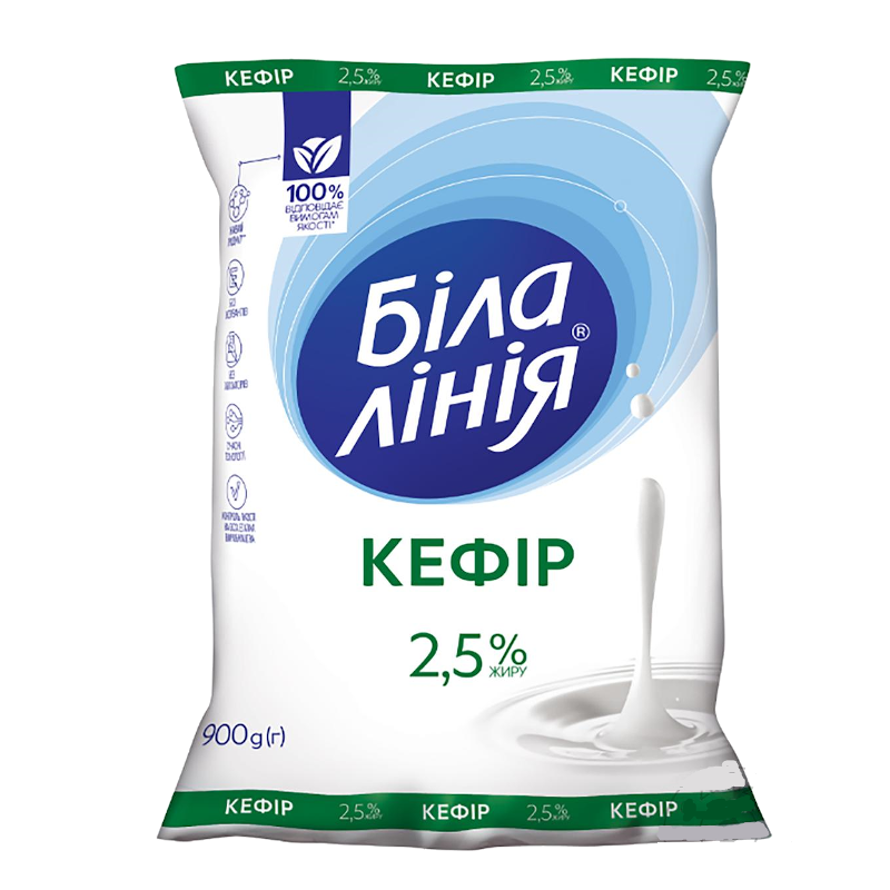 Кефір БІЛА ЛІНІЯ 2,5%, 900г, плівка поліетиленова